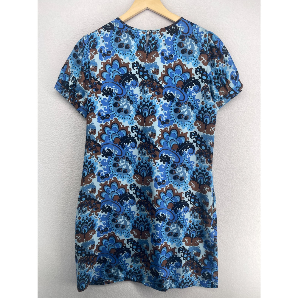 J.CREW Dress 12 Emma Silk Peacock Paisley Print Shift Mini Puff Sleeve Blue - Picture 3 of 12